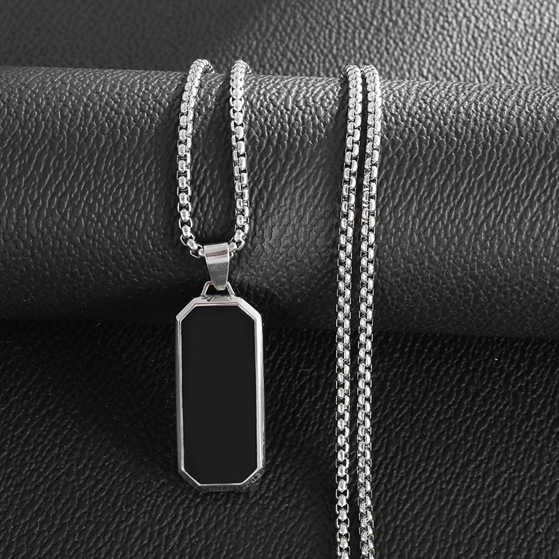 Stainless Steel Fashion Geometric Black Enamel Rectangular Pendant Necklace Men\'s and Women\'s Casual Trendy Jewelry