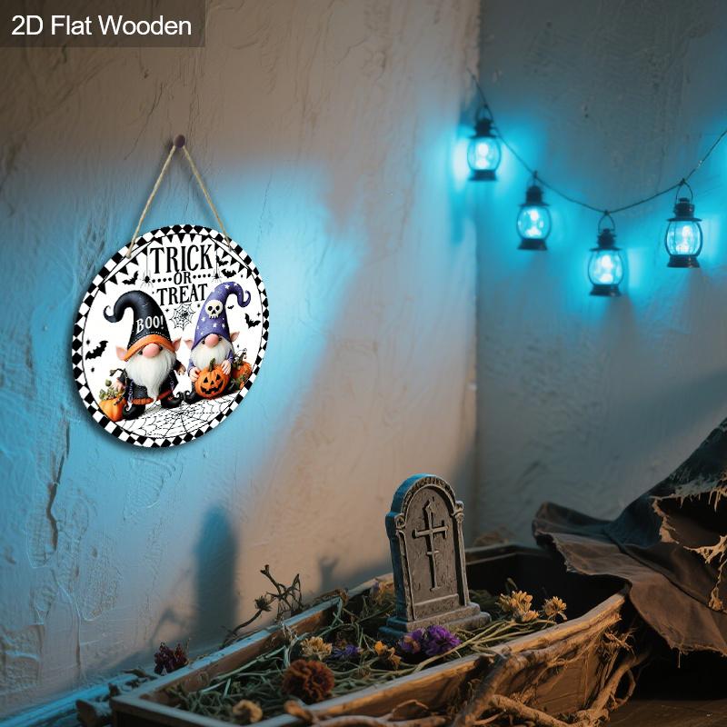 Cartoon Style Wooden Halloween Sign with Adorable Gnomes Pattern - Trick or Treat Figurine Ornaments - Ideal for Front Door, Wall, Room Decor