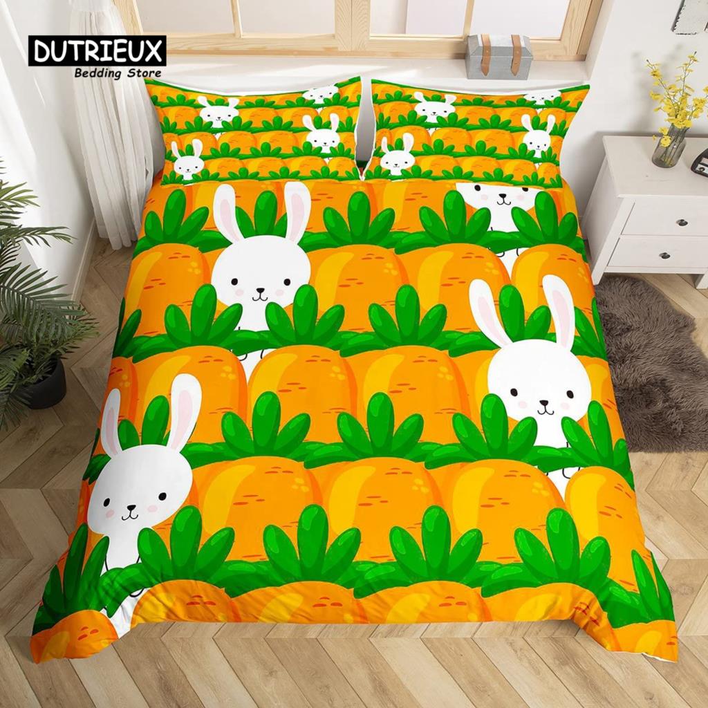 Cute Rabbit Duvet Cover Set Twin Queen Colorful Flower Bedding Set Microfiber Botanical Floral Cartoon Animal Comforter Cover