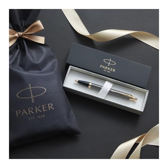 PARKER IM Ballpoint Pen, Medium Point (M), Black Ink, Grey Lacquer with Gold Trim, Gift Boxed