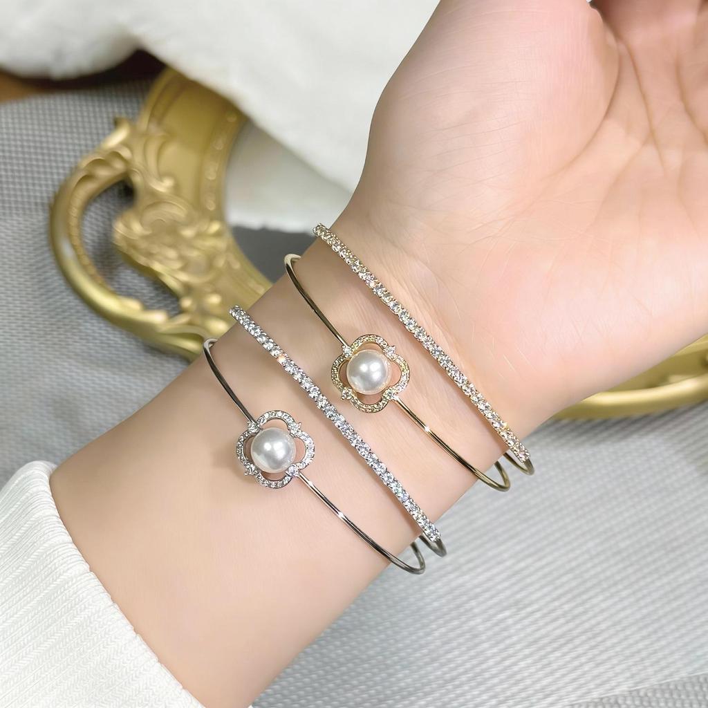 Zircon Pearl Flower Double-Layer Open Bangle: Elegant, Sweet & Luxurious Bracelet for Women