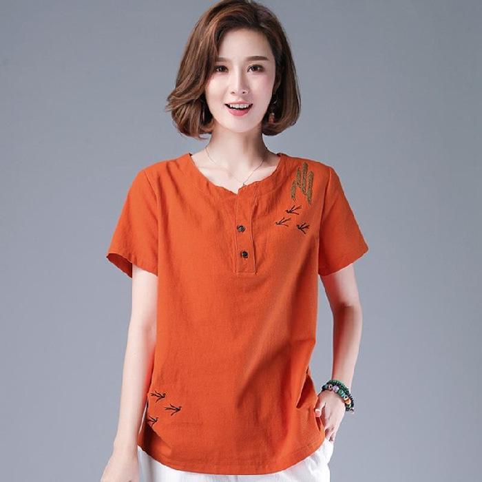 Tricou de damă larg din bumbac-in imprimat cu mânecă scurtă - Vară 2021, Mărimi mari, Stil literar pentru mame de vârstă mijlocie.