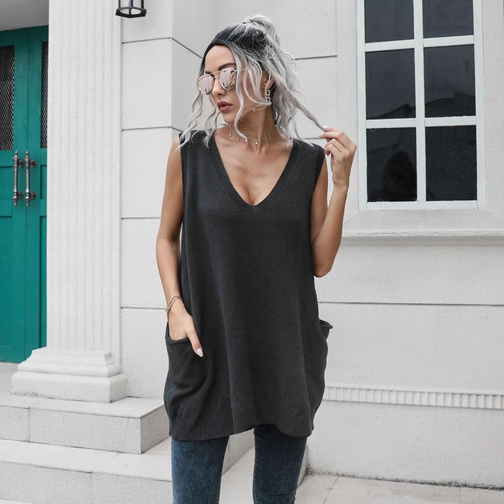 Autumn Winter Pocket Big Swing V-neck Long Vest Sweater Women Loose Vest Outside Wear Sweater Inside