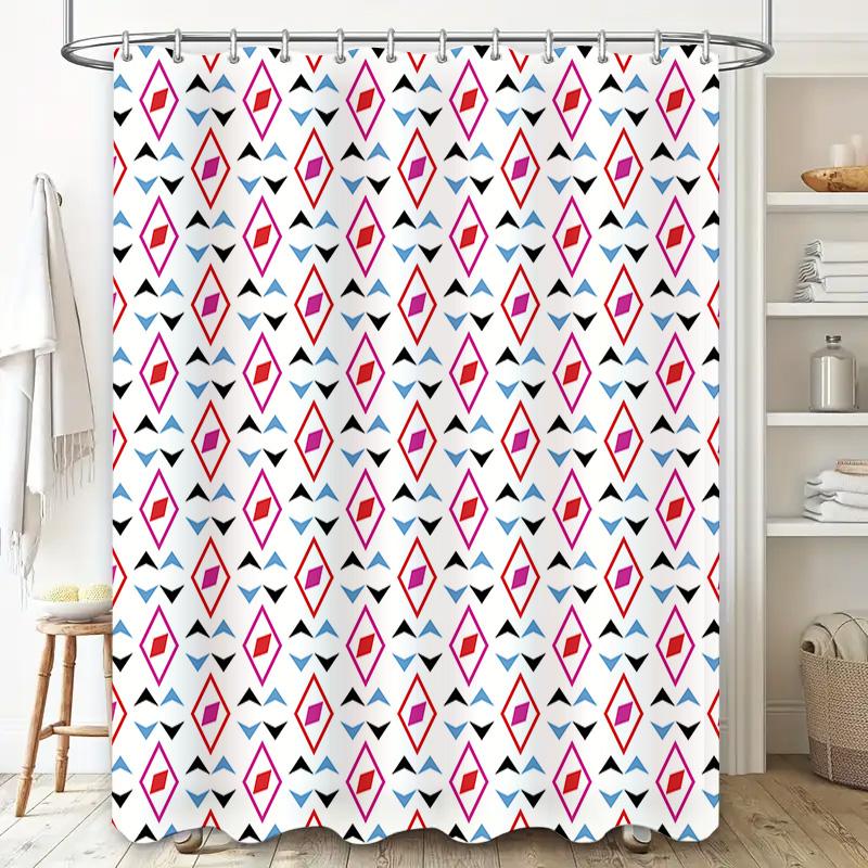 Vibrant Geometric Print Shower Curtain White Fabric Bath Decor Pink Blue Accent Decorative Showershade for Home Decoration Size