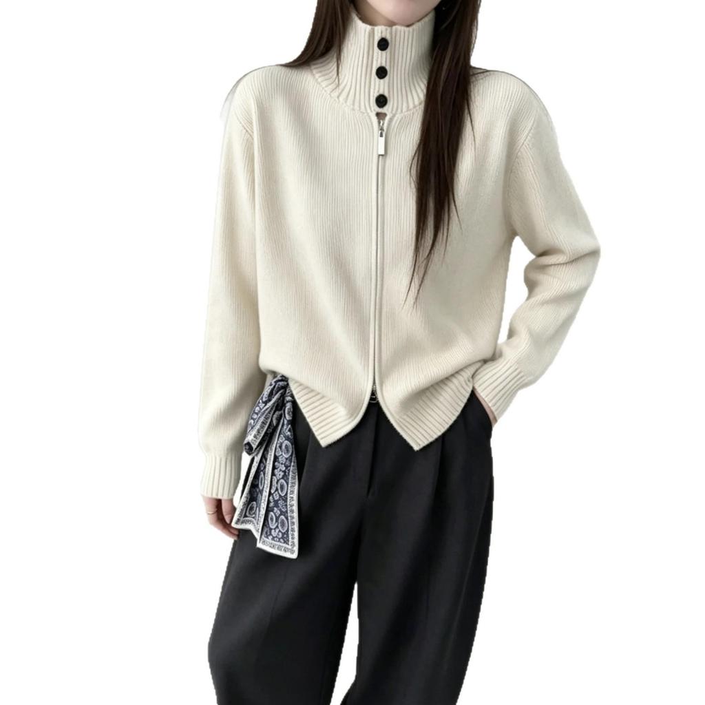 2026 Autumn/Winter Korean Stand Collar Double Zipper Knit Cardigan - Women's Loose Solid Color Sweater Coat