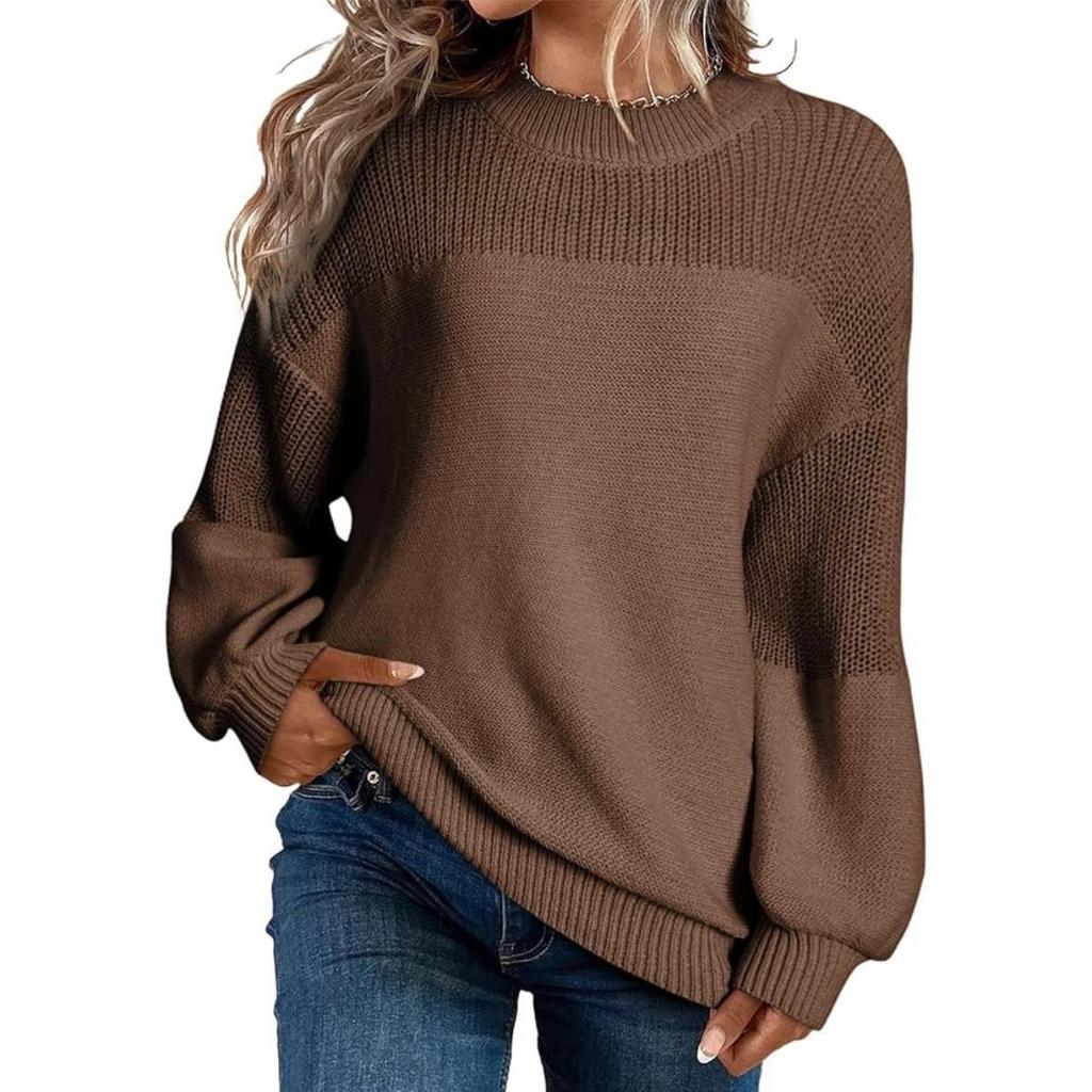 Autumn Winter New Women's Solid Color Lantern Sleeve Round Neck Long Sleeve Pullover Knitted Sweater Top