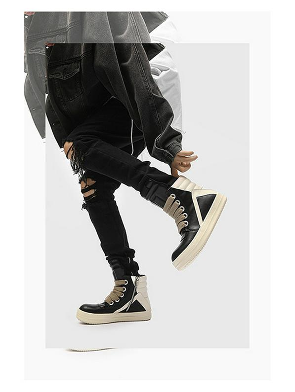 2024 Autumn/Winter Men's Trendy Genuine Leather High-Top Black & White Thick-Soled Boots