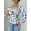 T-shirt Fresca e Dolce da Donna Autunno e Inverno Scollo Quadrato Maniche a Bolla Floreale Esplosivo Top a Maniche Lunghe