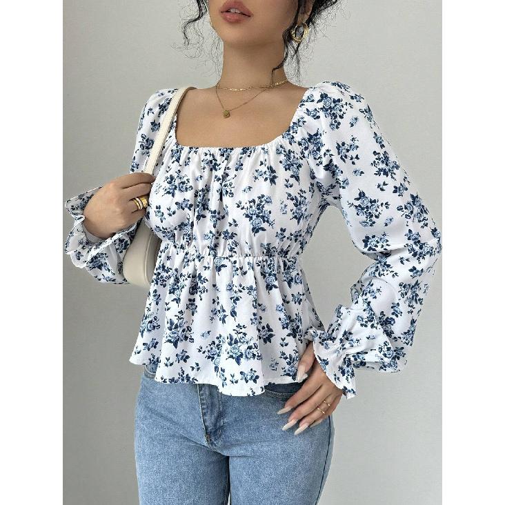 T-shirt Fresca e Dolce da Donna Autunno e Inverno Scollo Quadrato Maniche a Bolla Floreale Esplosivo Top a Maniche Lunghe