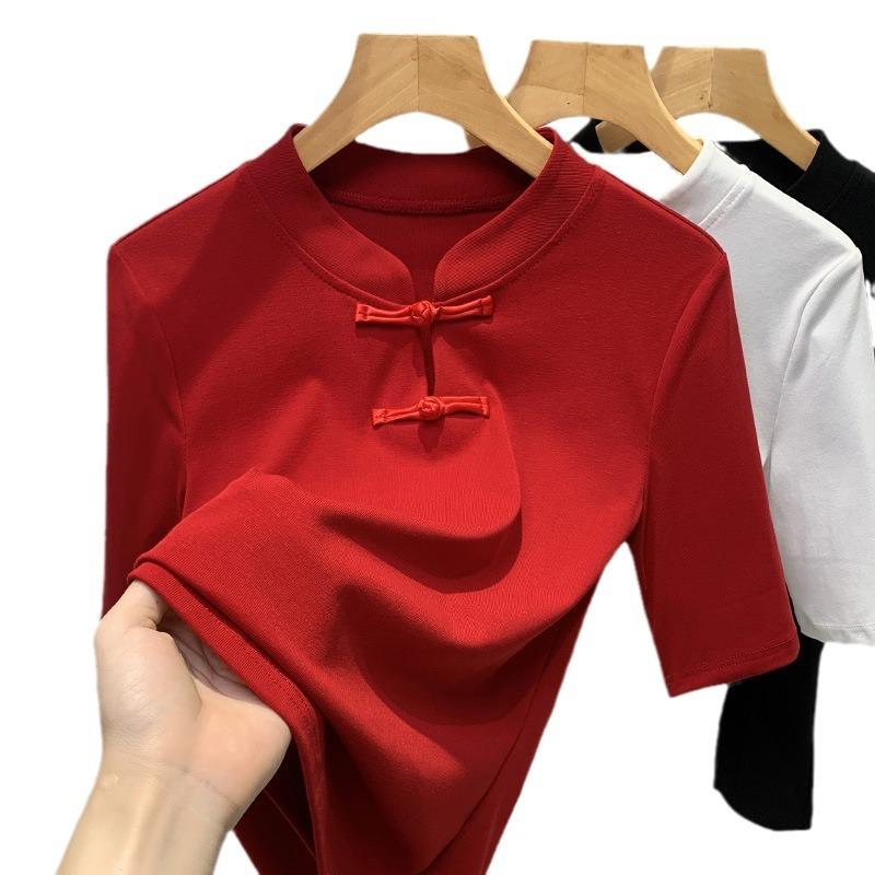 Chinese Style Stand-up Collar Mid-sleeved T-shirt for Women New Women's Solid Color Half-sleeved Cotton T-shirt for New Chinese Style Button Top