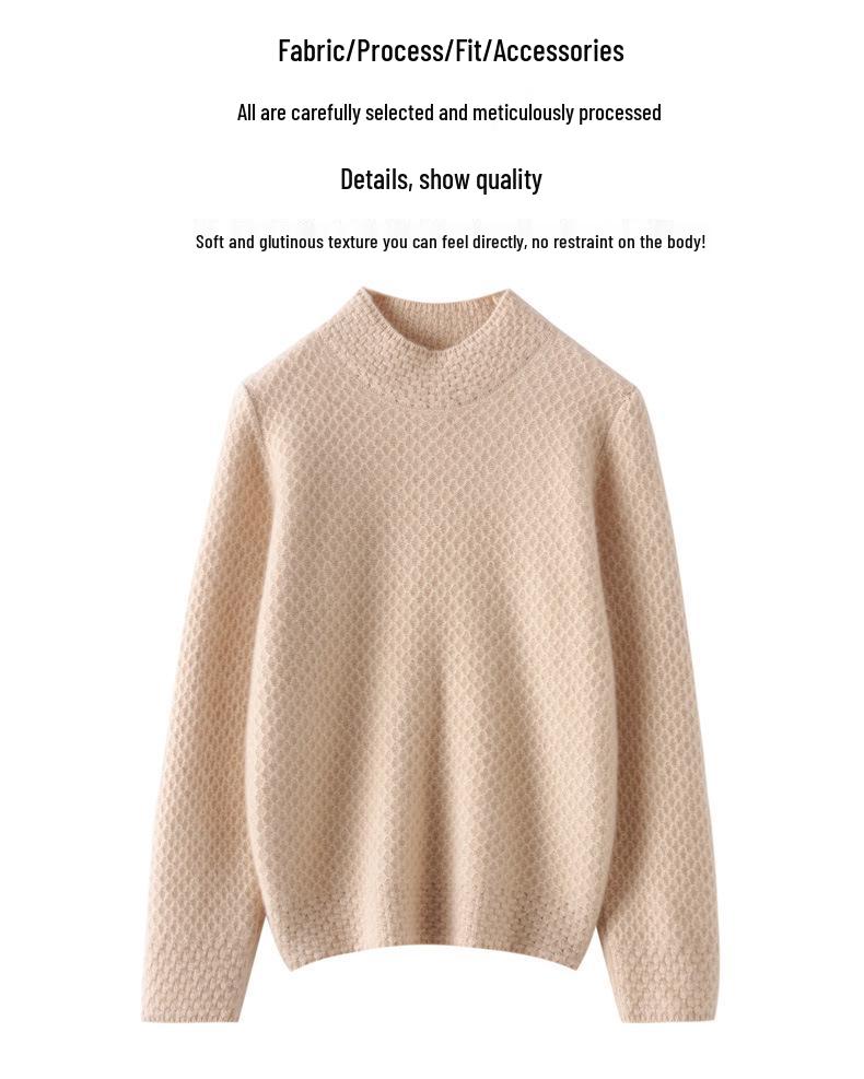 2023 Autumn Women's Cable Knit Sweater, Half-High Collar, Thick Drop Shoulder, Loose Fit, Lazy Style Base Layer