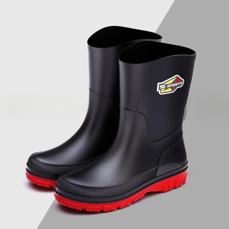 Men's Mid-Calf Rain Boots Pure Black Fishing Boots Slip-Resistant Large Size 39-48 Waterproof Rubber Shoes Eco-Friendly