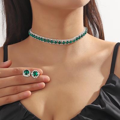 Σετ σκουλαρίκια με κολιέ πολυτελείας Πράσινο κρύσταλλο κολιέ Γυναικείο Γάμος Αξεσουάρ κοσμήματα νύφης