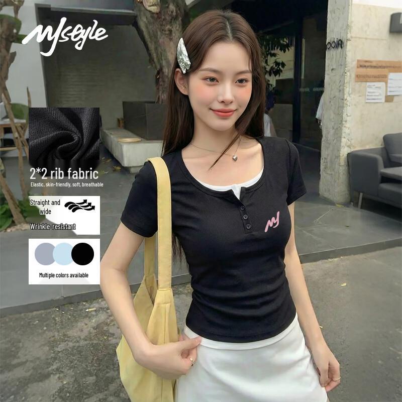 MJ STYLE Women's Faux Two-Piece Short Sleeve T-Shirt