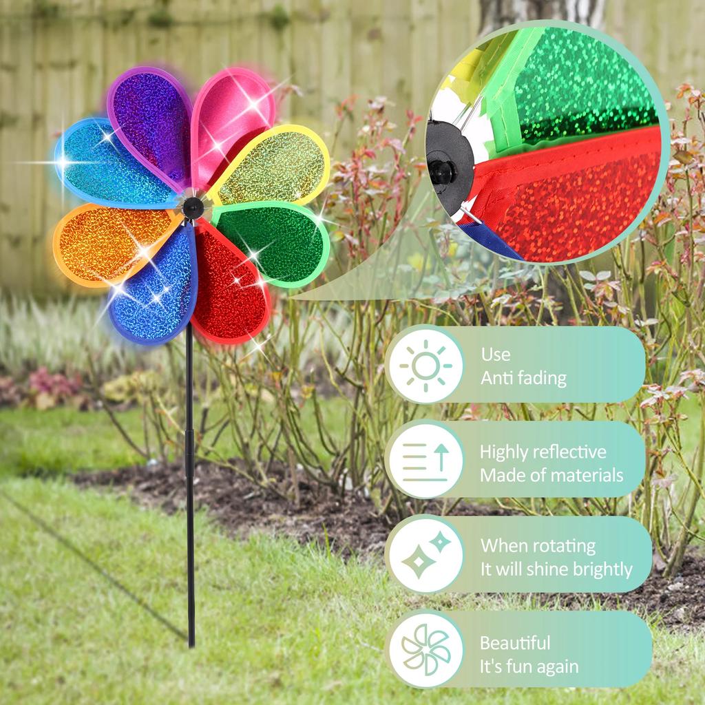 6Pcs Plastic Flower Wind Spinner Eight Leaf Bird Repellent Pinwheel Fade Resistant Sparkly Pinwheel Eye Catching for Yard Garden