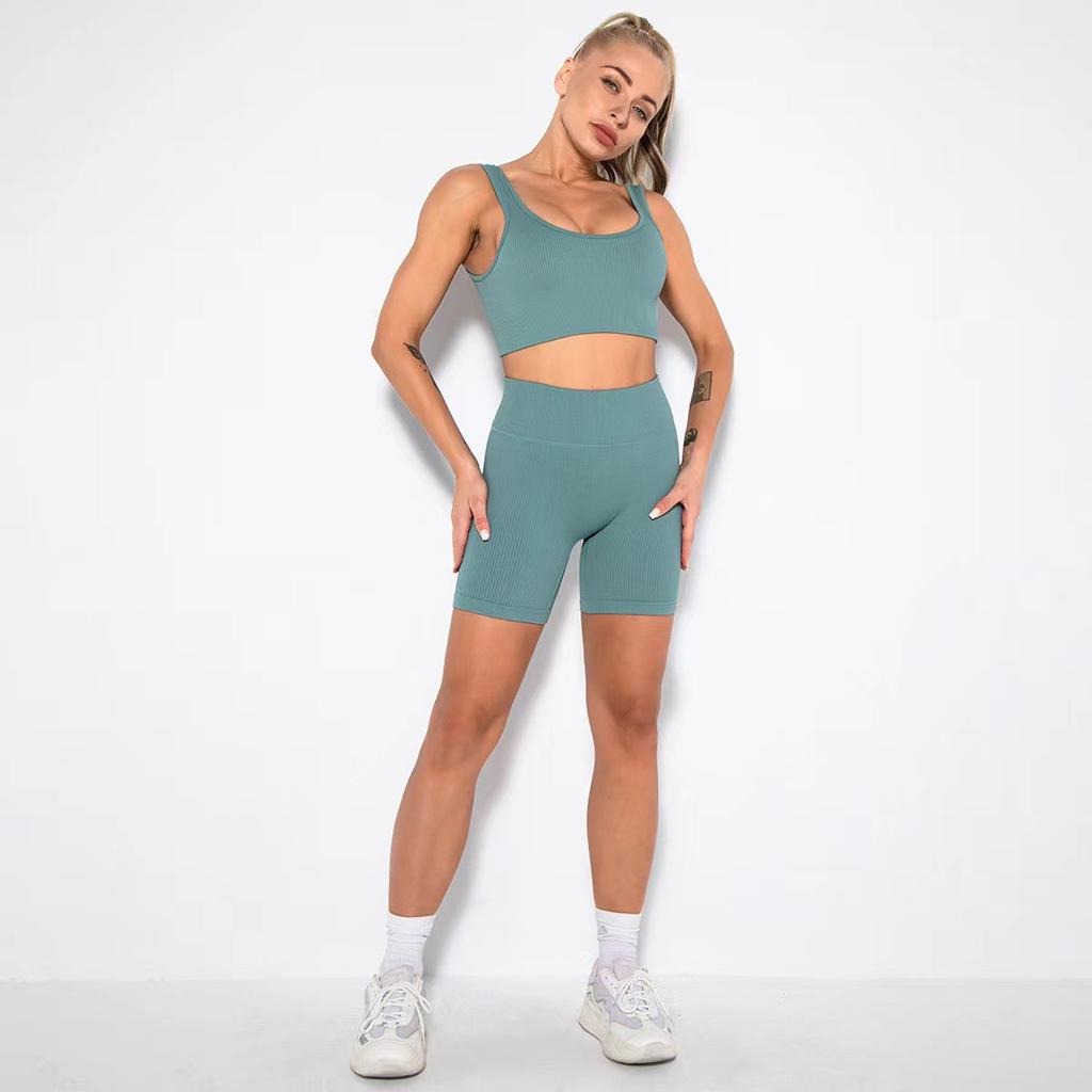 Nahtloses Strick-Sportgarn Einfarbiges Set Laufen Fitness Yoga Kleidung Zweiteiliges Set für Damen