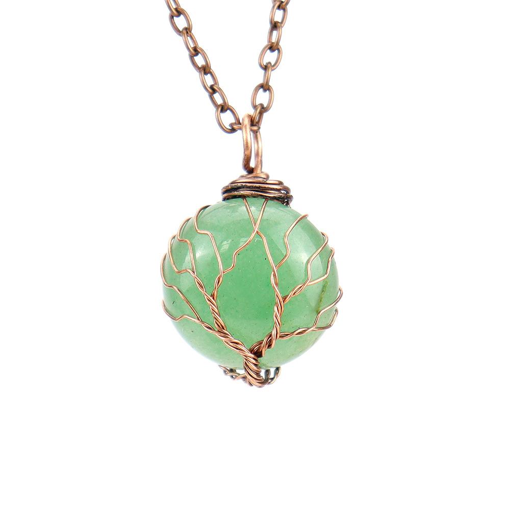 Natural Crystal Rough Stone Amethyst Round Winding Tree Of Life Pendant Necklace N647