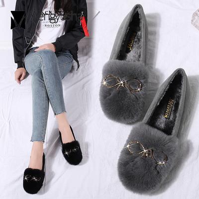 Fashion Autumn New Fur Shoes Crystal Metal Bowtie Decorated Shallow Loafers Upscale Rabbit Hair Warm Winter Women Shoes Slipon Moccasins