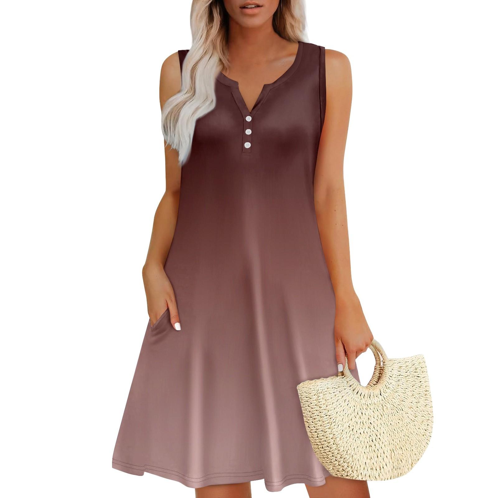 

Жіночі літні сукні з V-подібним вирізом без рукавів Сарафани Сукня з кишенями XL коричневий