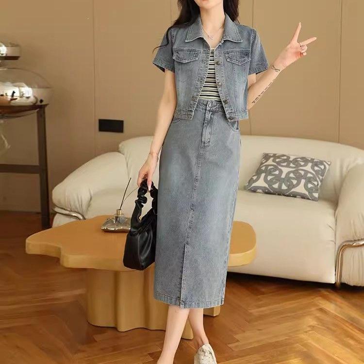Stylish Summer 2026 Women's Denim Midi Skirt & Jacket Set