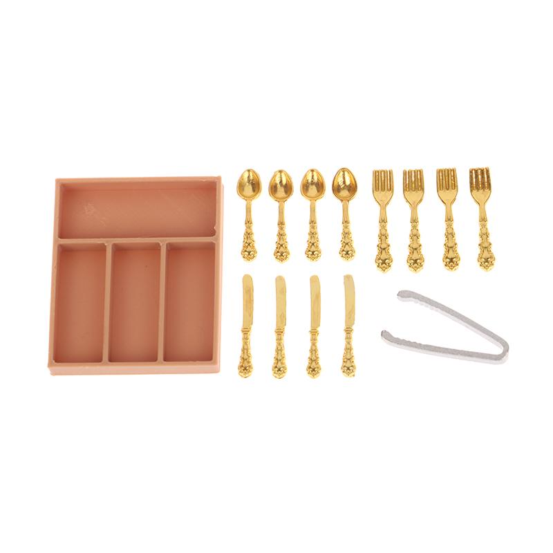 1Set 1:12 Dollhouse Mini Knife Fork Spoon Clips Tableware With Storage Box Dollhouse Kitchen Supplies Utensils Decor Accessories