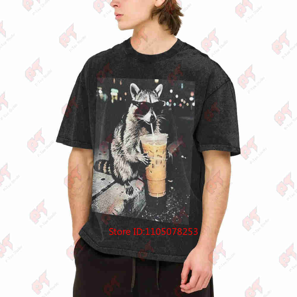 Raccoon Drinking Iced Coffee Vintage Washed Tee Pure Cotton T-Shirt