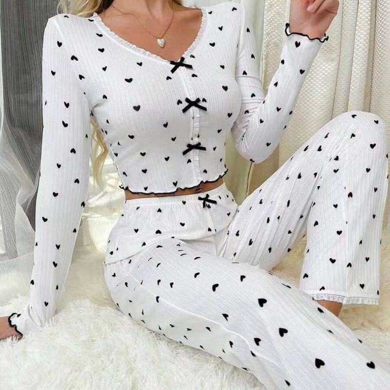 

European and American Heart Print V-Neck Pajama Set for Women - Long-Sleeved Top and Long Pants Two-Piece Set XL чорний