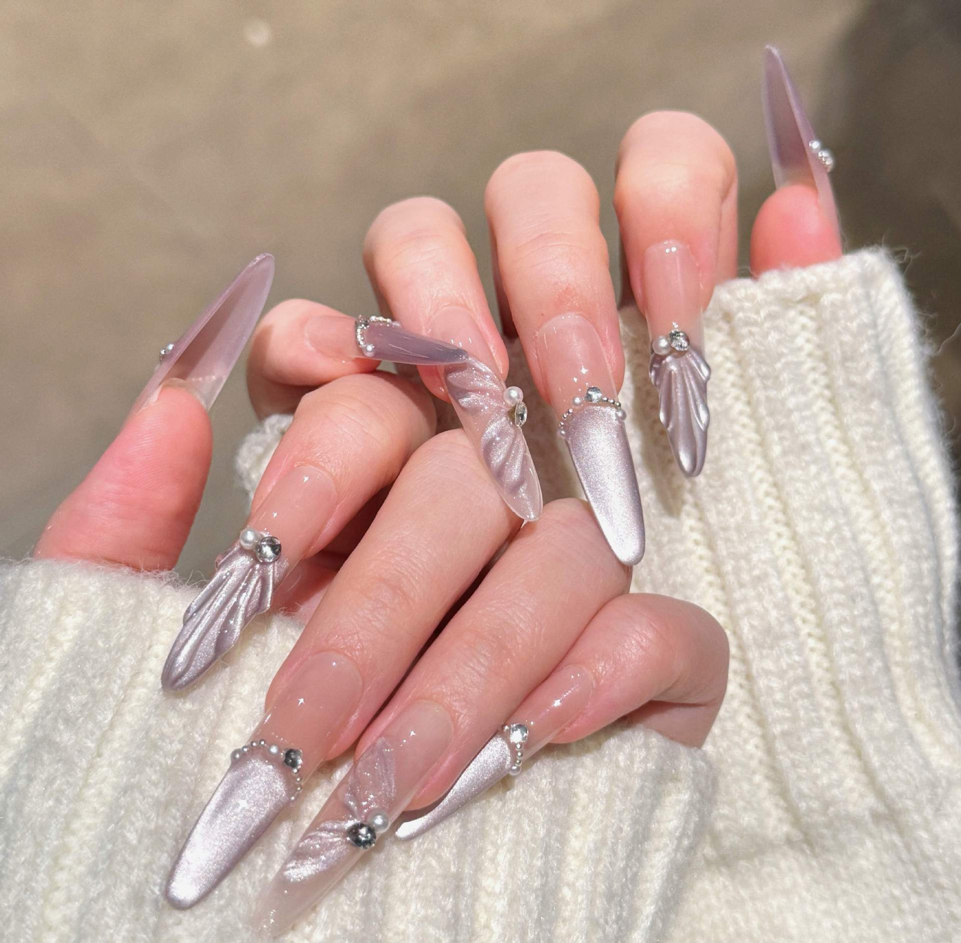 Purple cat s eye wearing nail pure handmade nail art piece Wearable high-end long nail patch handmade nail bag xs