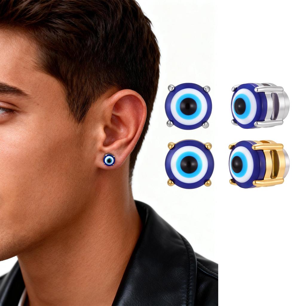 Anti Allergy Devil's Eye Magnetic Clip Earrings for Men,Stainless Steel Blue Eyes Non Perforated Earrings,Talisman Jewelry