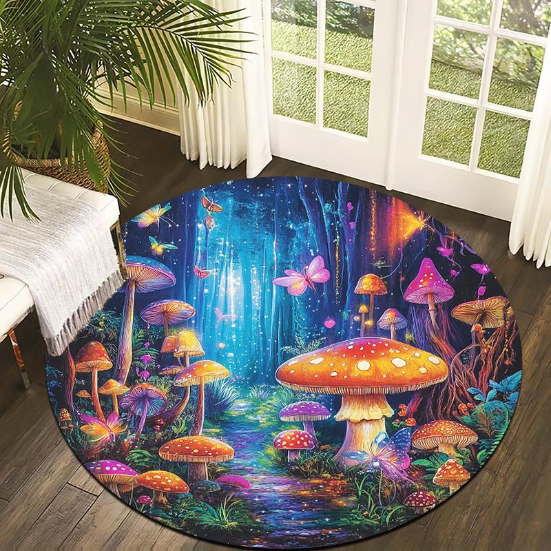 Dreamy Colorful Mushrooms Flannel-printed round floor mats are slip-resistant Suitable for living bedroom terrace garden carpets