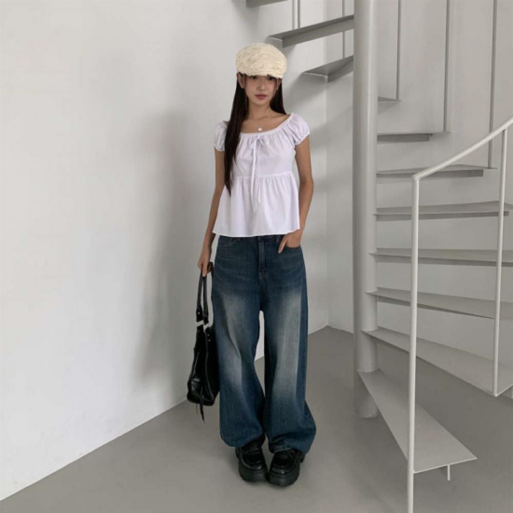 New Arrivals Open Run Women Cotton Lace Shirring Flare Top Short Sleeve