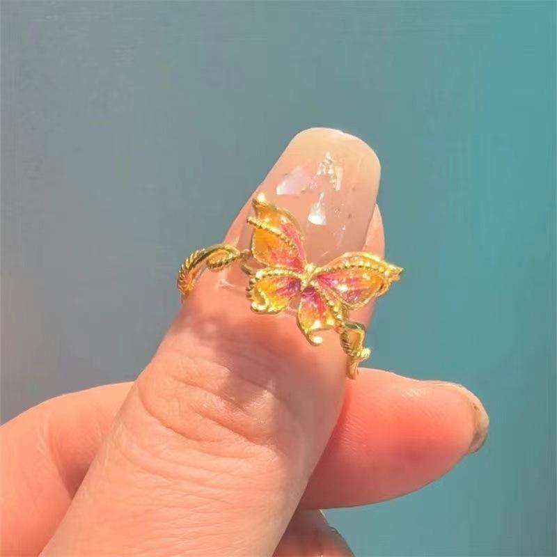 Gradual Change Color Butterfly Ring Fairy Fairy Fluttering Retro High Sense Versatile Niche Design Pink Purple Ring