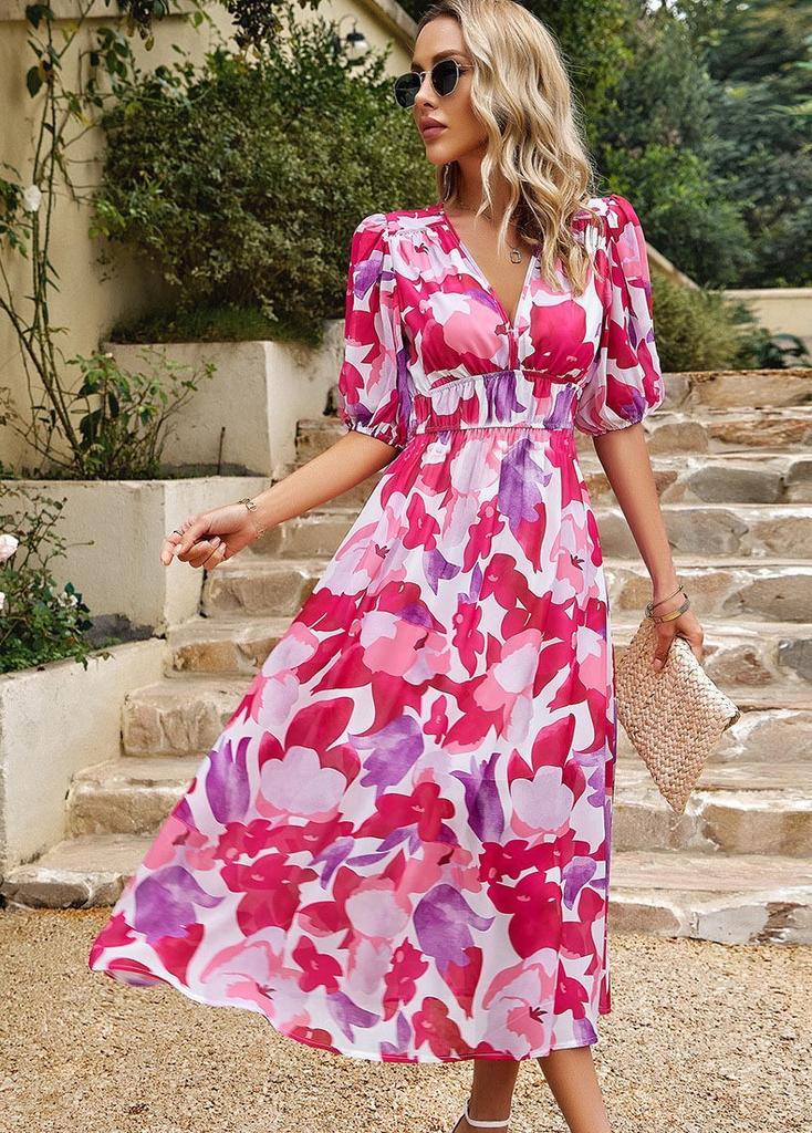 Spot Spring and Autumn New Women's Fashion V-Neck Long Sleeve Bohemian Print Dress