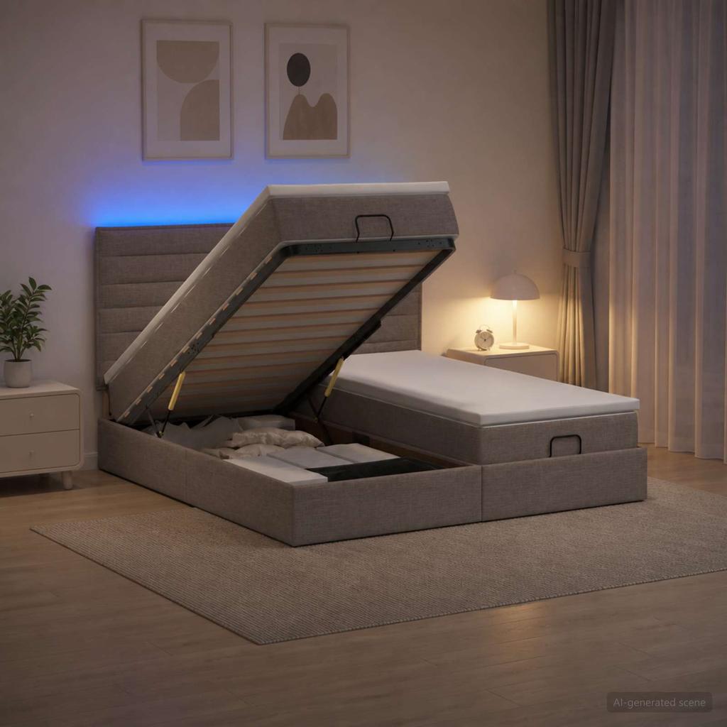 Ottoman Bed with Mattress and LED Taupe 160 X 200 Cm Fabric