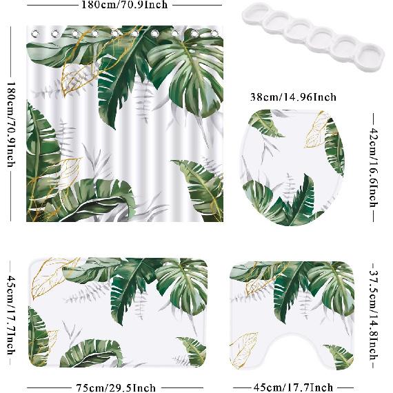 Green Turtleback Leaf Shower Curtain Set Bohemian Curtains Set with Rugs, Abstract Black Bathroom Decor Accessories Bathroom Set with Shower Curtain