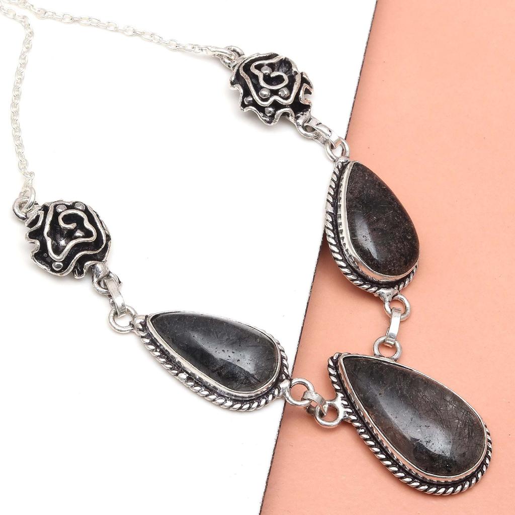 Black Rutile Set Silver Pendant Jewelry Earring 18-20'' Gemstone Handmade