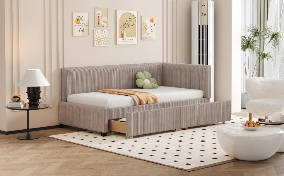Upholstered Bed Sofa Bed 90*200 Multifunctional Bed with 2 Large Storage Drawers and Slatted Frame Skin-friendly Velvet Fabric Grey