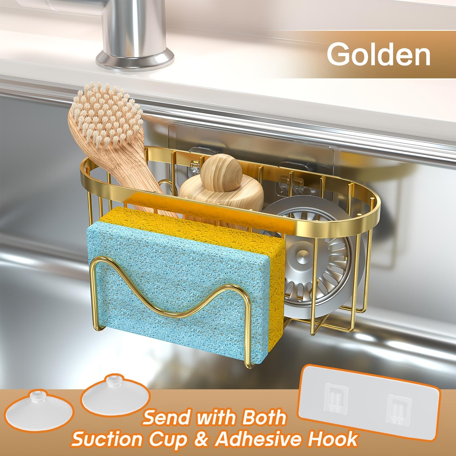

Тримач для губок 2-в-1 з нержавіючої сталі для кухонної мийки - Настінний органайзер-кедді з клейким гачком та присоскою, Ідеально підходить для губок, щіток золотистий