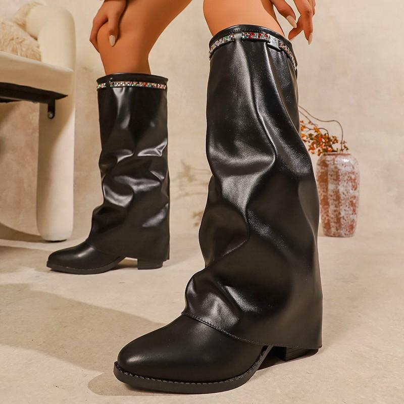 Long Boots Autumn New Sleeve Rhinestone Metal Buckle Soft Sole Non-Slip Trouser Bottom Block Heel Shoes