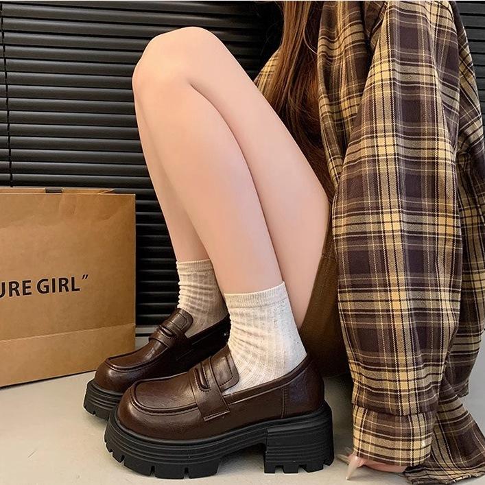 Platform British style loafers women's 2025 autumn new fashion heightening college style small leather shoes thick heel one pedal