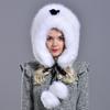 Womens Winter Hats and Caps Natural Fur Fox Hat with Tails 2 Balls Fluffy Fur Elegant Fashionable Stylish Warm Hat with Earflaps