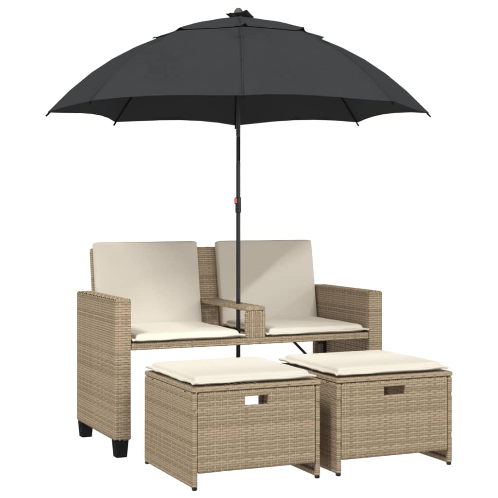 Garden Sofa 2 Seater with Sun Umbrella and Footstools Beige Poly Rattan