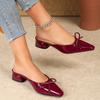 Spring square head burgundy bow high heel cool slippers women's large size microfiber leather single shoes fine high heel