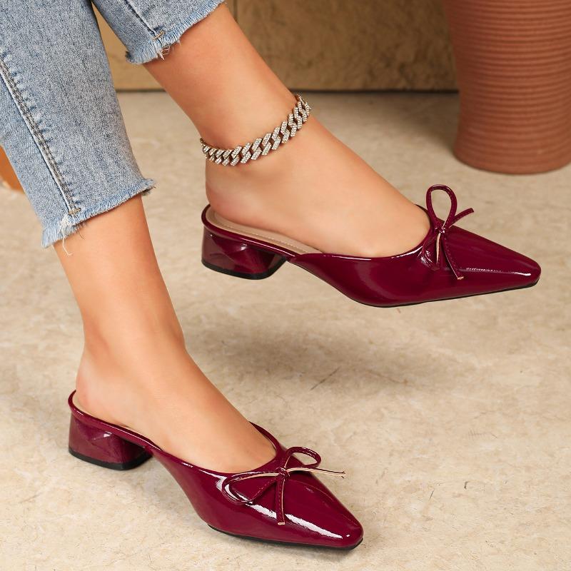 Spring square head burgundy bow high heel cool slippers women's large size microfiber leather single shoes fine high heel
