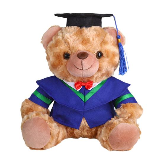 Plyšový medvídek absolvent 2025 s talárem, čepicí a střapcem, roztomilý hnědý absolvent