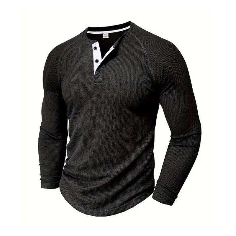 Męskie koszulki polo henley z dzianiny waflowej, z długim rękawem, gładkie, codzienne, sportowe, topy
