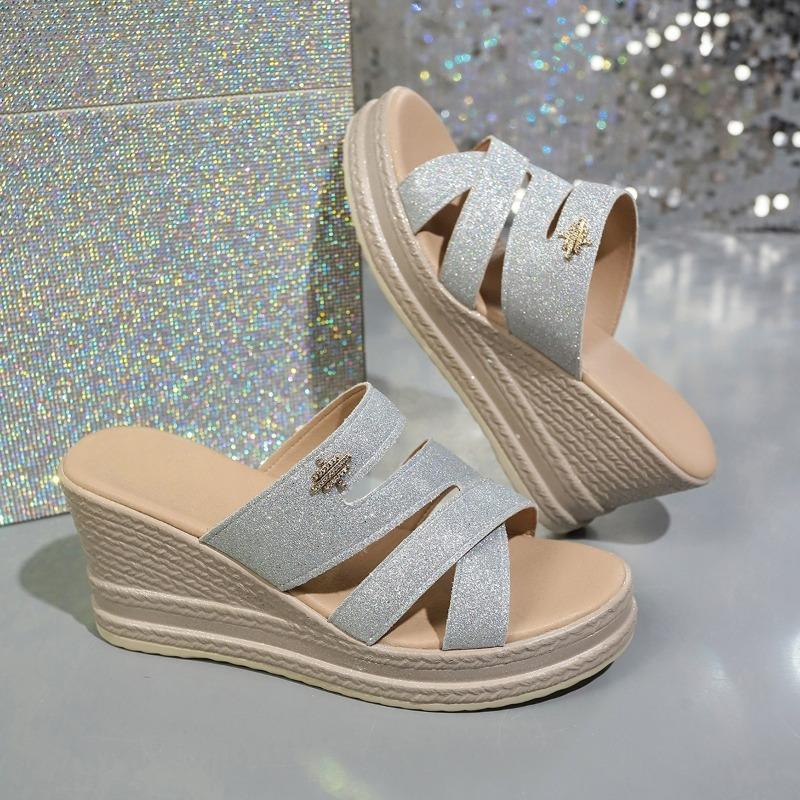 2024 Summer Fashion Open Toe Medium Heel Women's Slippers Hot Selling Solid Color Sequined Wedge Women's Beach Slippers
