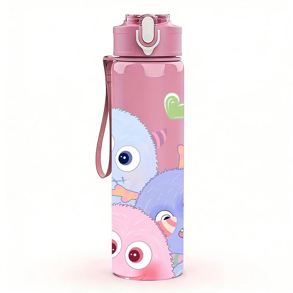 1PC Cute Round Monster Cartoon Print 750ml Color Plastic Sports Water Bottle Leakproof Flip Straw Lid Suitable for Sports Office Home Use