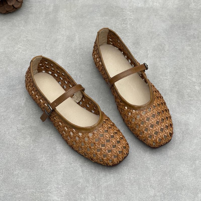 Johnature Handmade Cowhide Woven Hollow Women's Shoes Breathable Comfortable Genuine Leather Flat Sandals