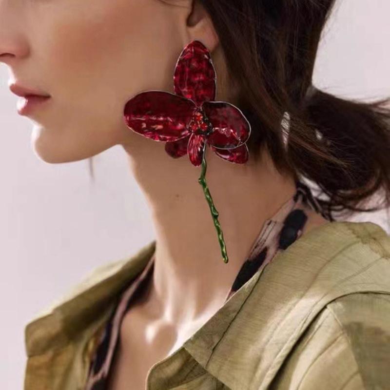 Vintage Metal Wine Red Enamel Drip Glaze Large Fower Earrings for Women Charm Exaggerated Wedding Jewelry Gift